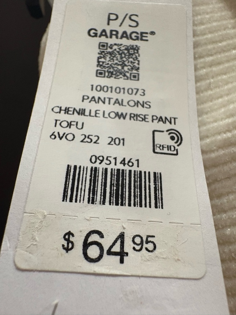 Garage Chenille Low Rise Pants in Cream - Picture 2 of 7